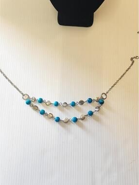 Double Strand Turquoise and Clear Beaded Silver Chain Necklace